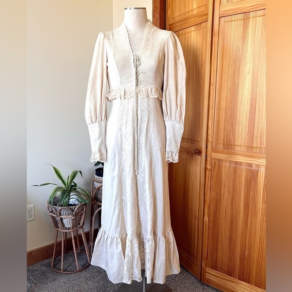 Gunne Sax by Jessica Black Label Vintage 9 Cream Boho Lace Dress Wedding - Picture 3 of 14
